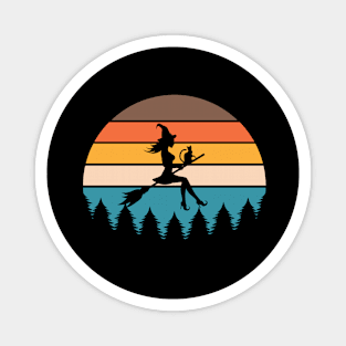 Retro Witch On Broomstick Flying Over Sunset Magnet